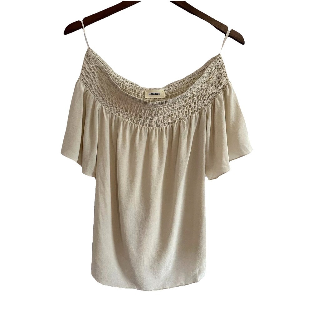 L'AGENCE Shirt Blouse Women's XXS Lucia Off Shoulder Cream Waist Tie Smocked Top
